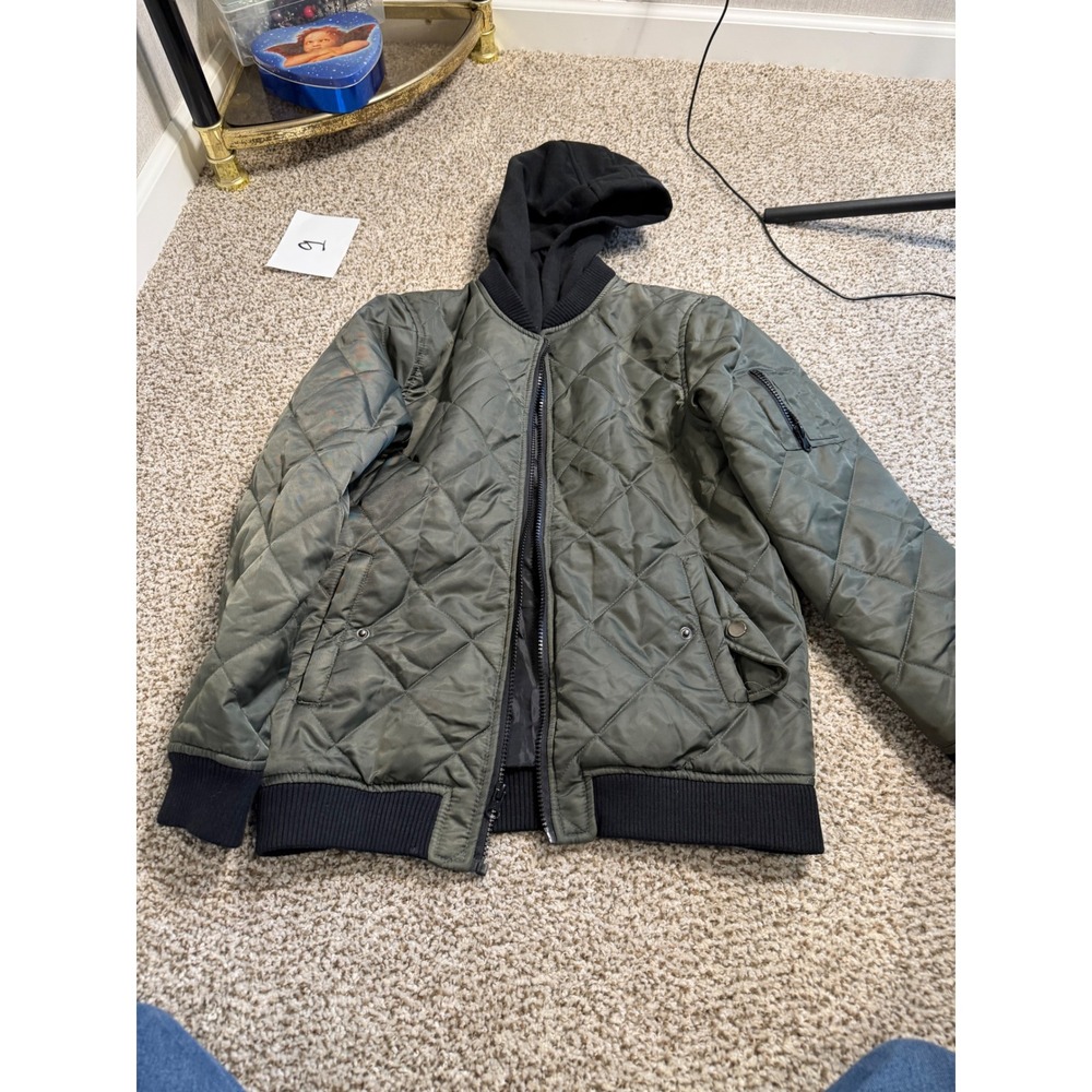 Capsule boys Olive Green Quilted Bomber Jacket Black Hooded Full Zip Large